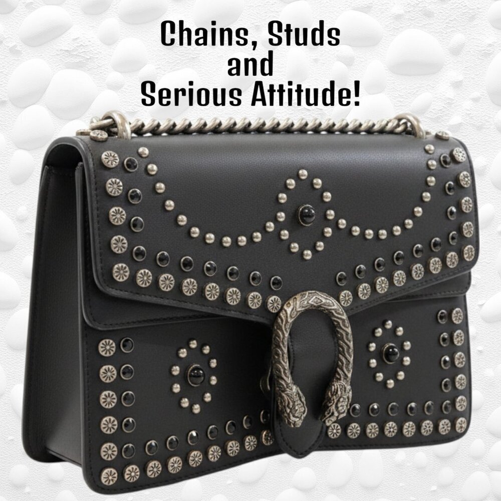 Dark Grey Studded Handbag – Heavy Chains, Horseshoe Clasp, Statement Piece!